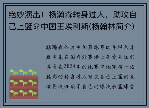 绝妙演出！杨瀚森转身过人，助攻自己上篮命中国王埃利斯(杨翰林简介)
